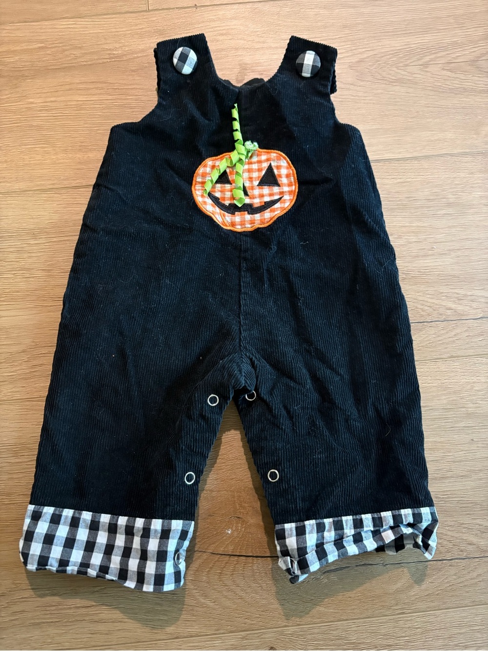 Mud Pie Black Corduroy Romper with Orange Gingham Pumpkin